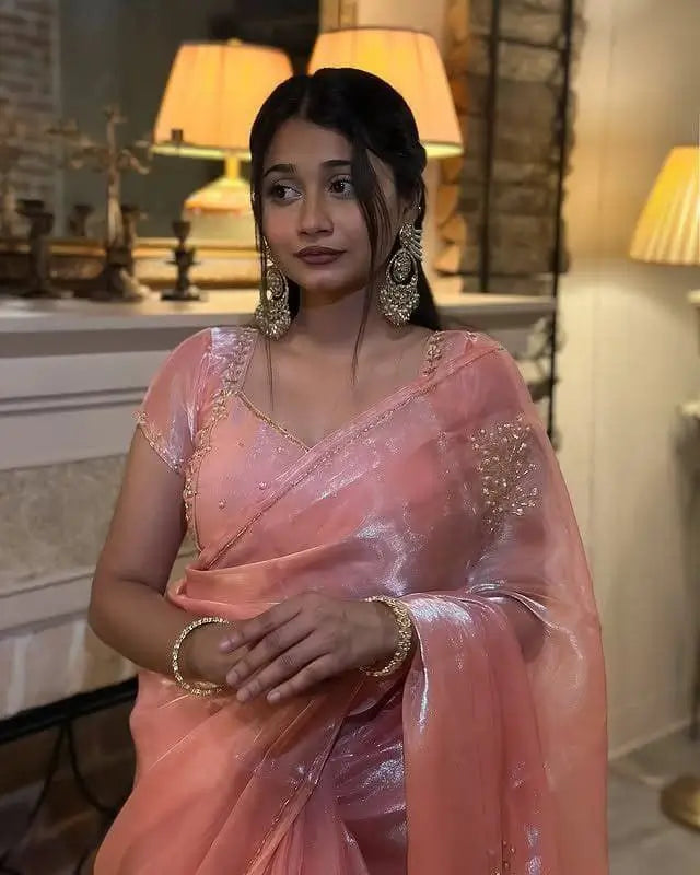 Peach Pink Organza Silk Saree with Cut Dana Hand Work, Golden Moti Border & Blouse Piece