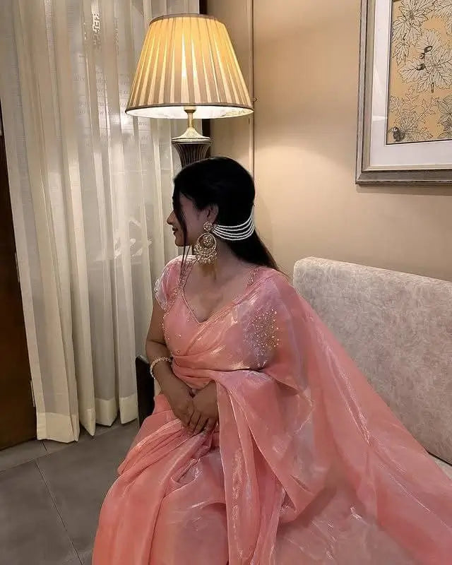Peach Pink Organza Silk Saree with Cut Dana Hand Work, Golden Moti Border & Blouse Piece
