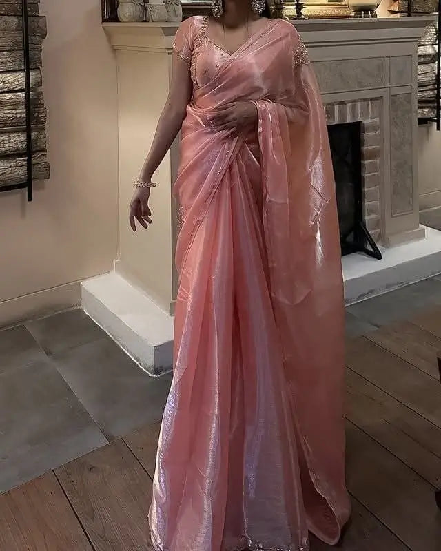 Peach Pink Organza Silk Saree with Cut Dana Hand Work, Golden Moti Border & Blouse Piece