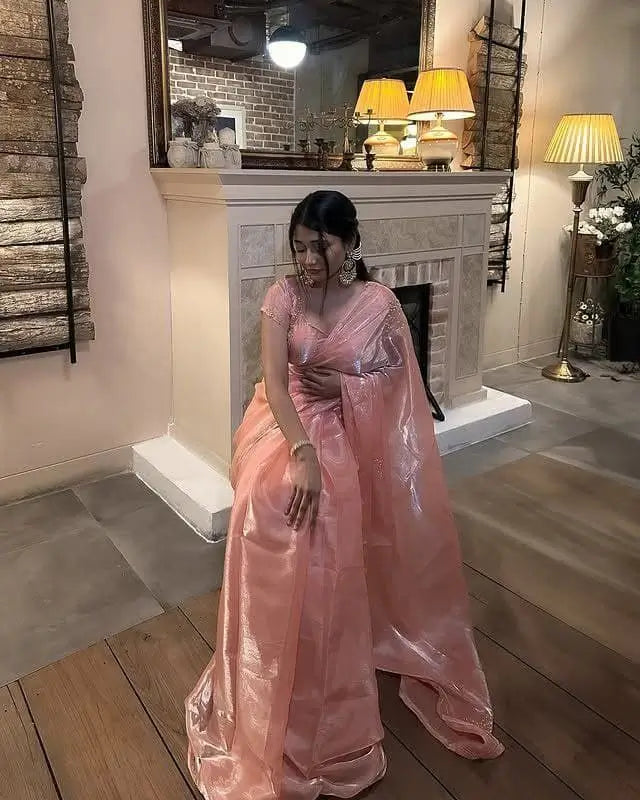 Peach Pink Organza Silk Saree with Cut Dana Hand Work, Golden Moti Border & Blouse Piece