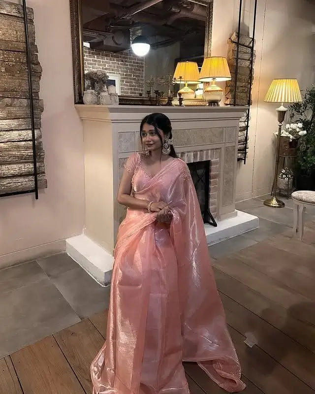 Peach Pink Organza Silk Saree with Cut Dana Hand Work, Golden Moti Border & Blouse Piece