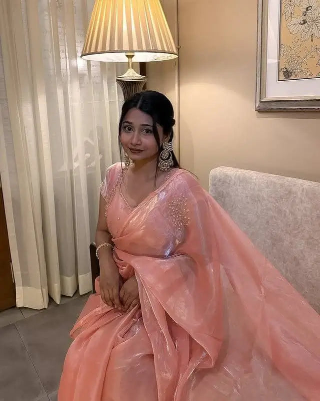 Peach Pink Organza Silk Saree with Cut Dana Hand Work, Golden Moti Border & Blouse Piece