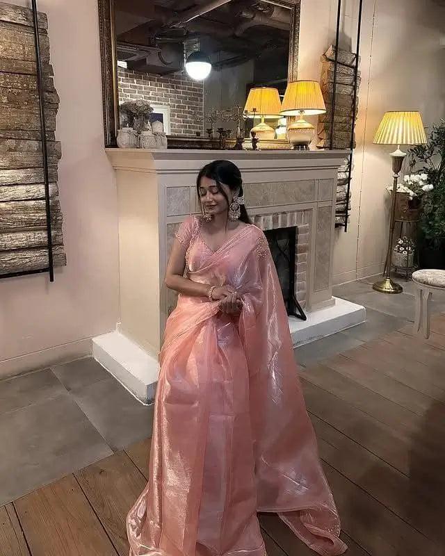 Peach Pink Organza Silk Saree with Cut Dana Hand Work, Golden Moti Border & Blouse Piece