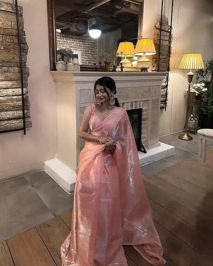 Peach Pink Organza Silk Saree with Cut Dana Hand Work, Golden Moti Border & Blouse Piece