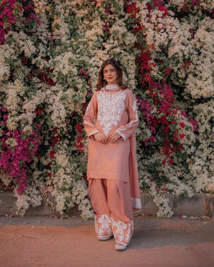 Peach Satin Silk Embroidered Suit with Plazzo & Dupatta – Elegant Festive Wear