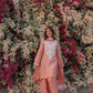 Peach Satin Silk Embroidered Suit with Plazzo & Dupatta – Elegant Festive Wear