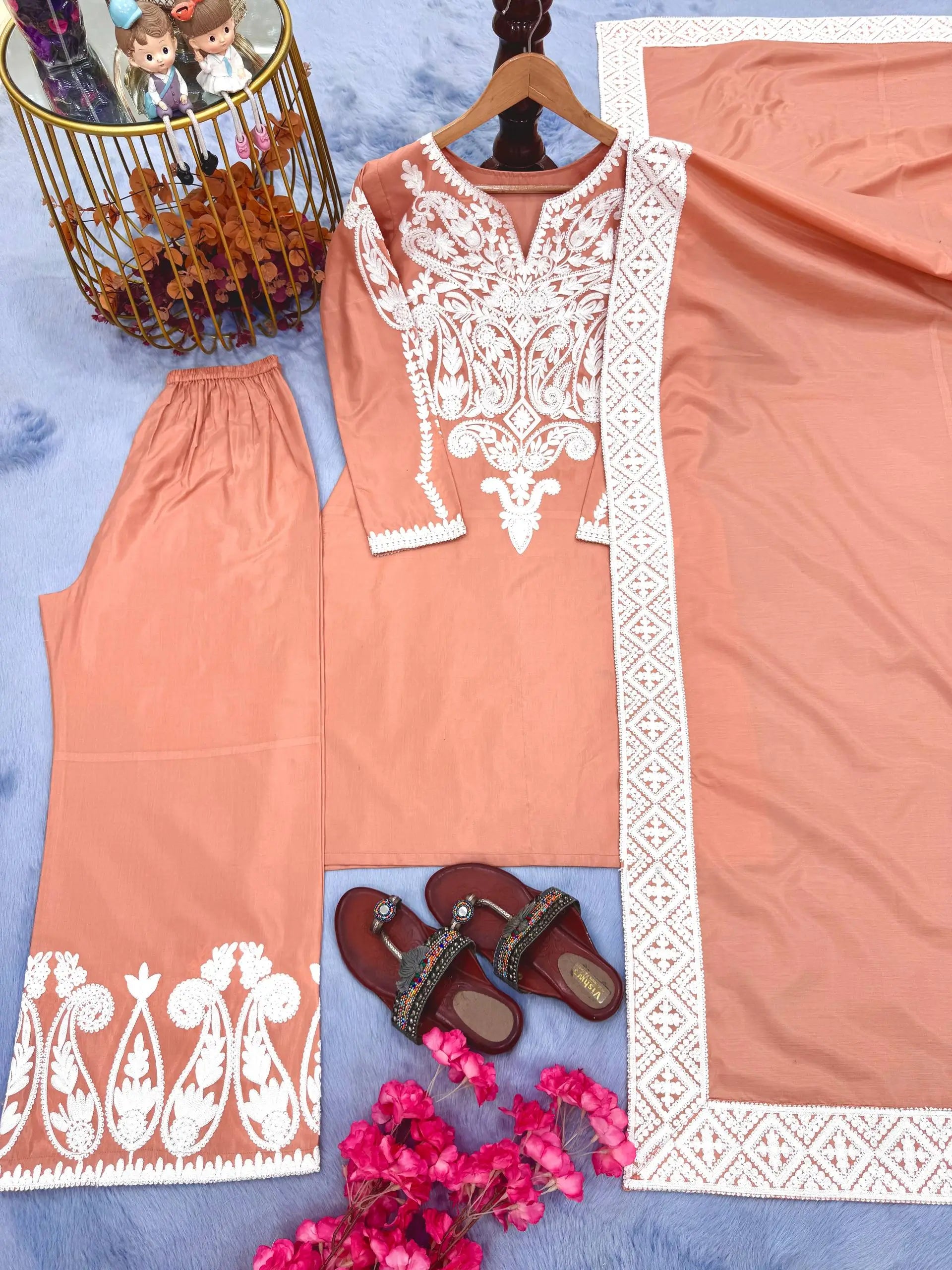 Peach Satin Silk Embroidered Suit with Plazzo & Dupatta – Elegant Festive Wear