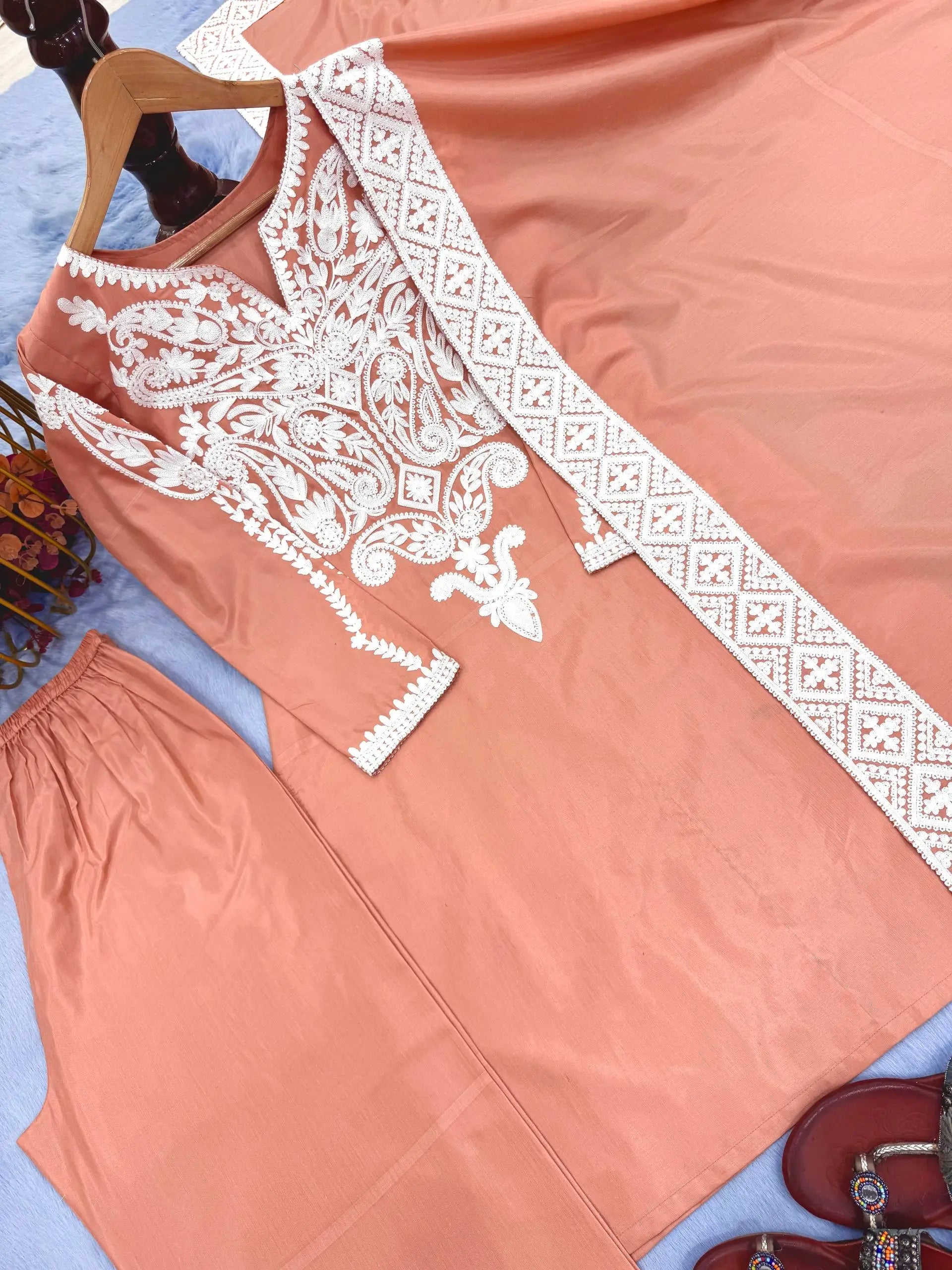 Peach Satin Silk Embroidered Suit with Plazzo & Dupatta – Elegant Festive Wear