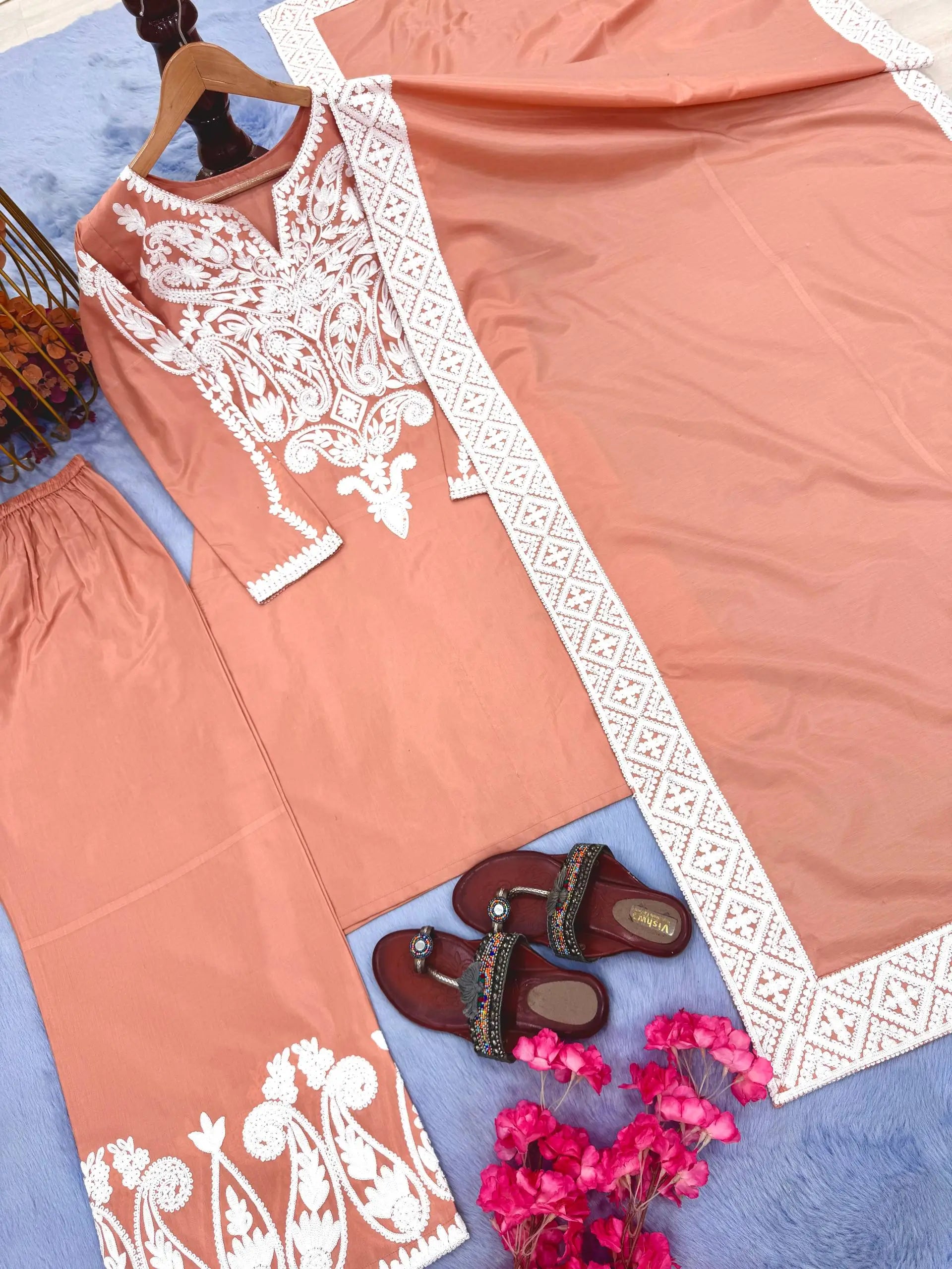 Peach Satin Silk Embroidered Suit with Plazzo & Dupatta – Elegant Festive Wear