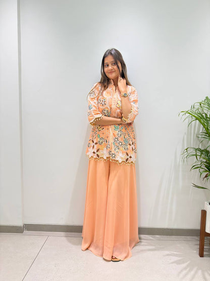 Peach Sequin Floral Kurti Palazzo Set