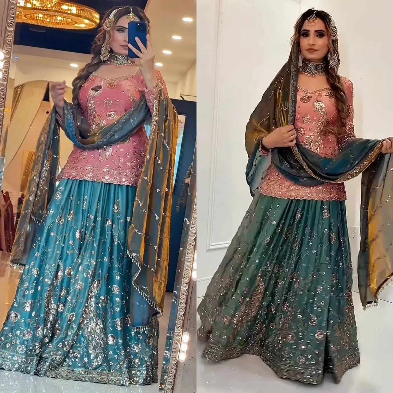 Peach Teal Peacock Sharara