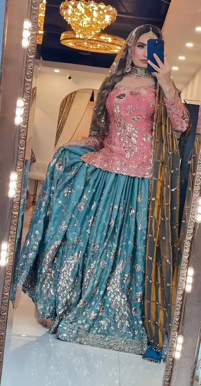 Peach Teal Peacock Sharara