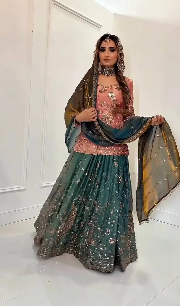 Peach Teal Peacock Sharara
