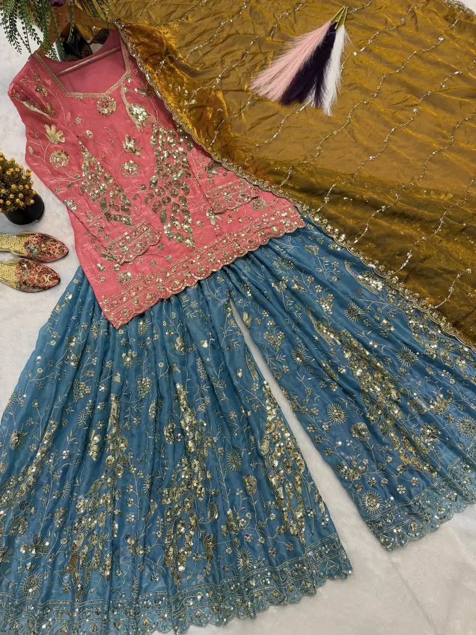 Peach Teal Peacock Sharara
