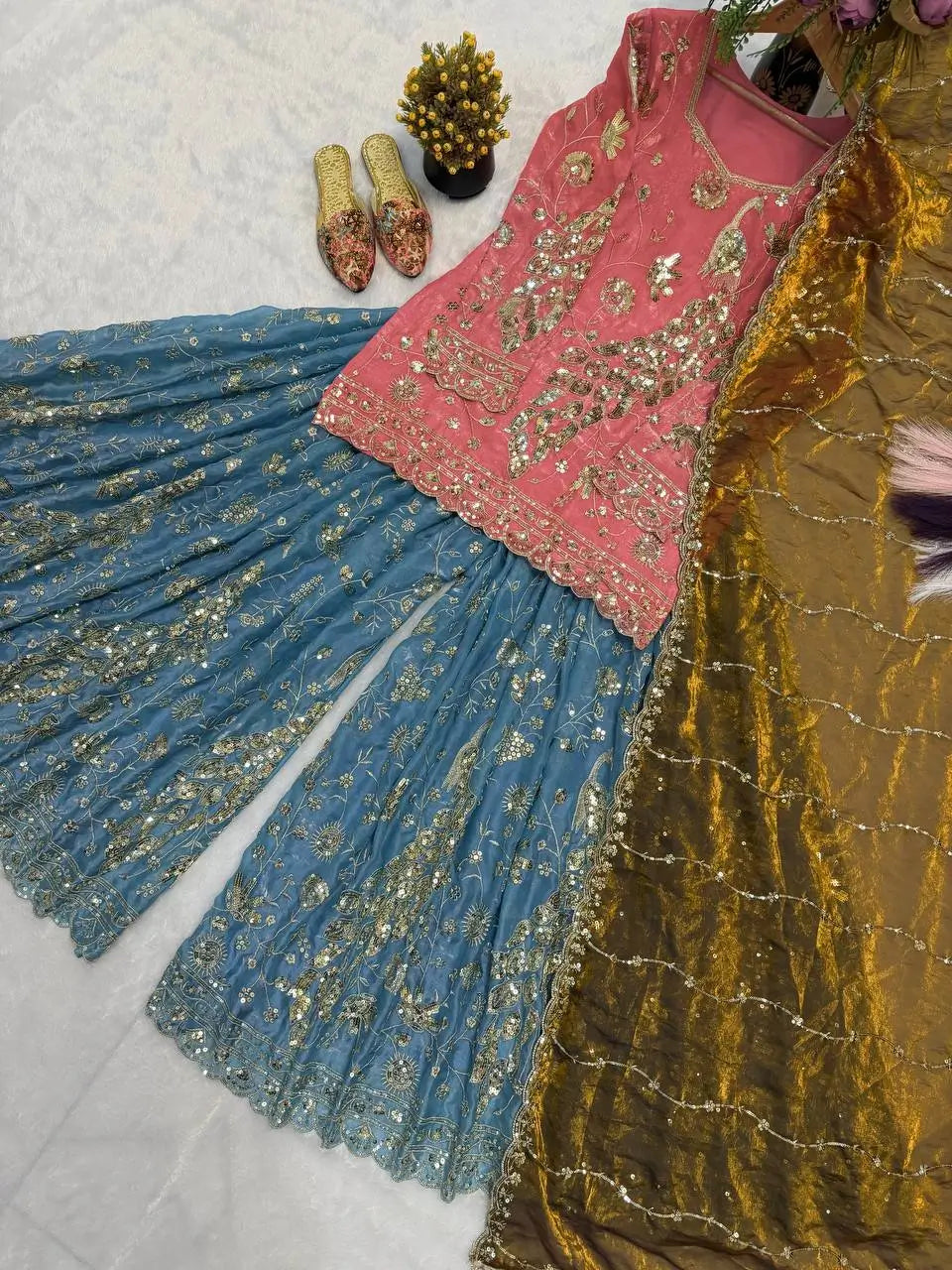 Peach Teal Peacock Sharara