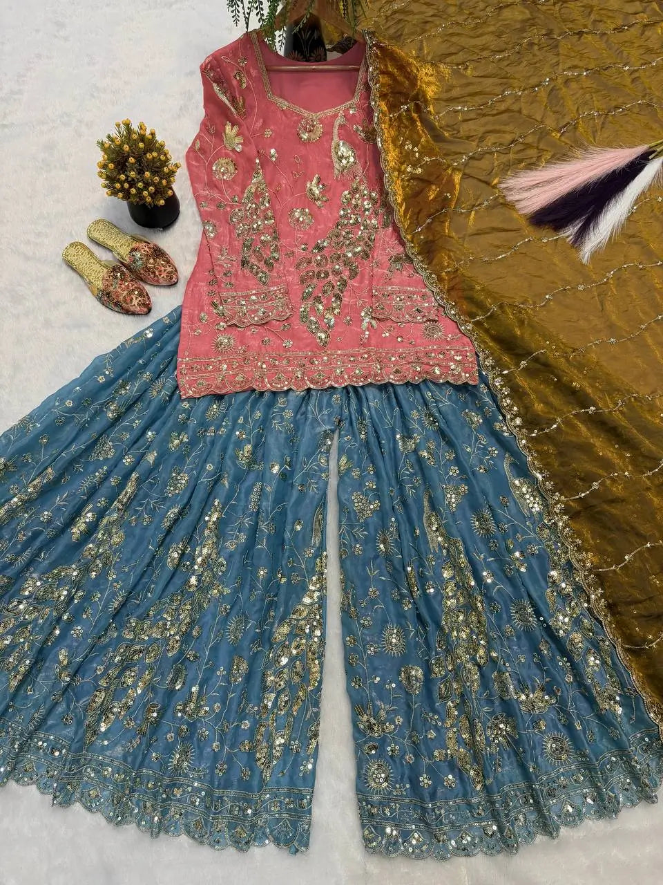 Peach Teal Peacock Sharara
