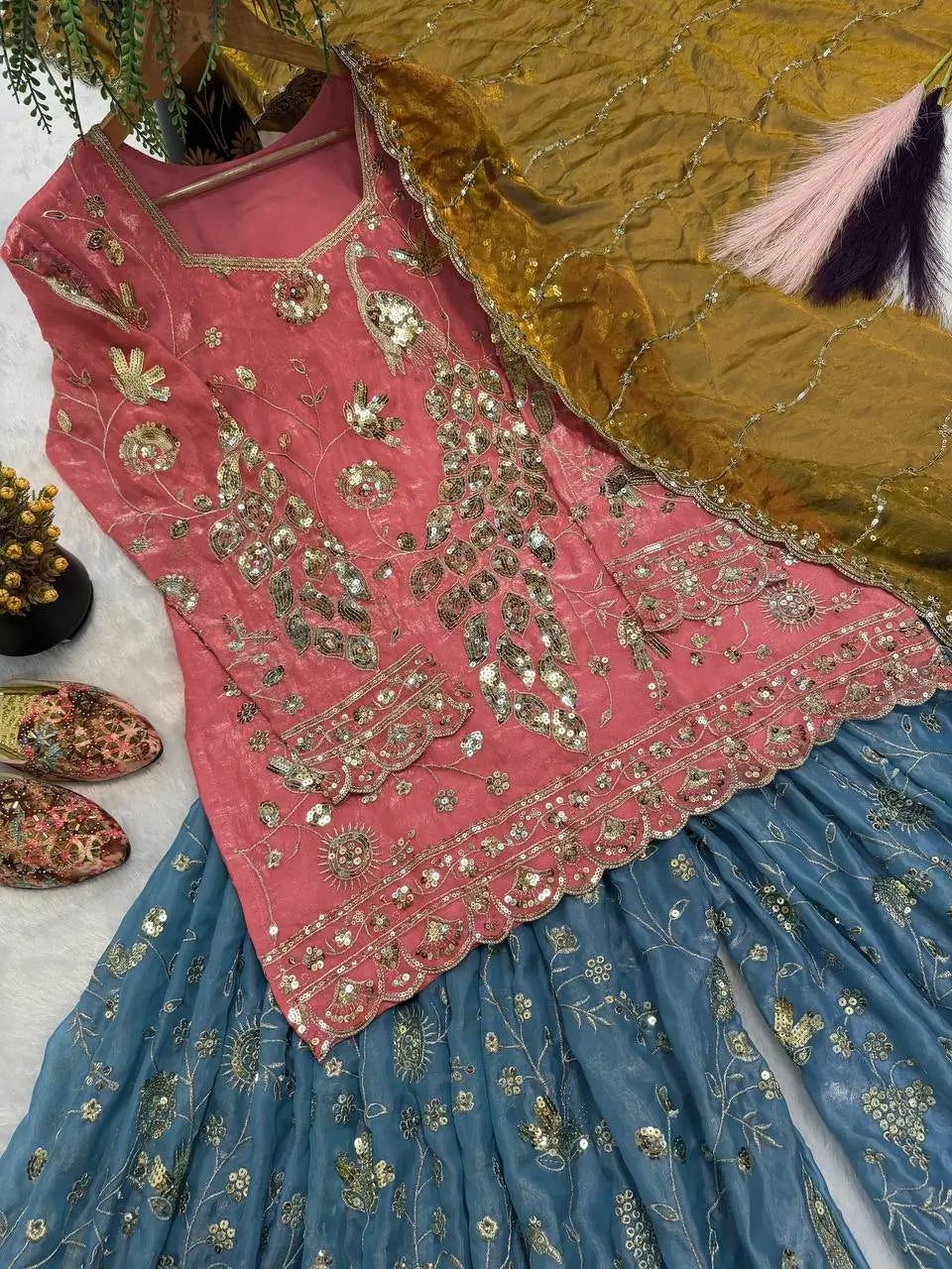 Peach Teal Peacock Sharara
