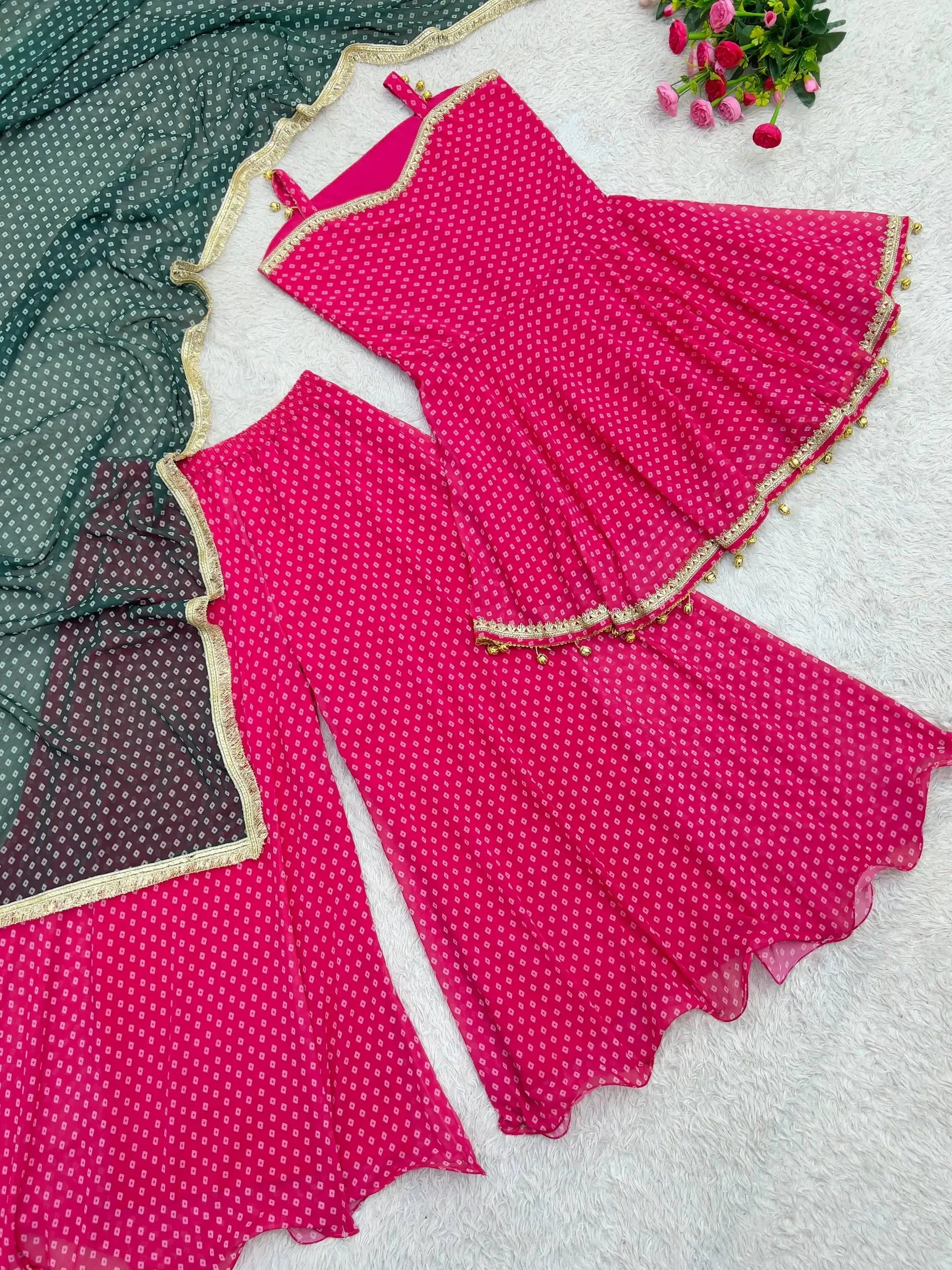 Pink Bandhej Peplum Set