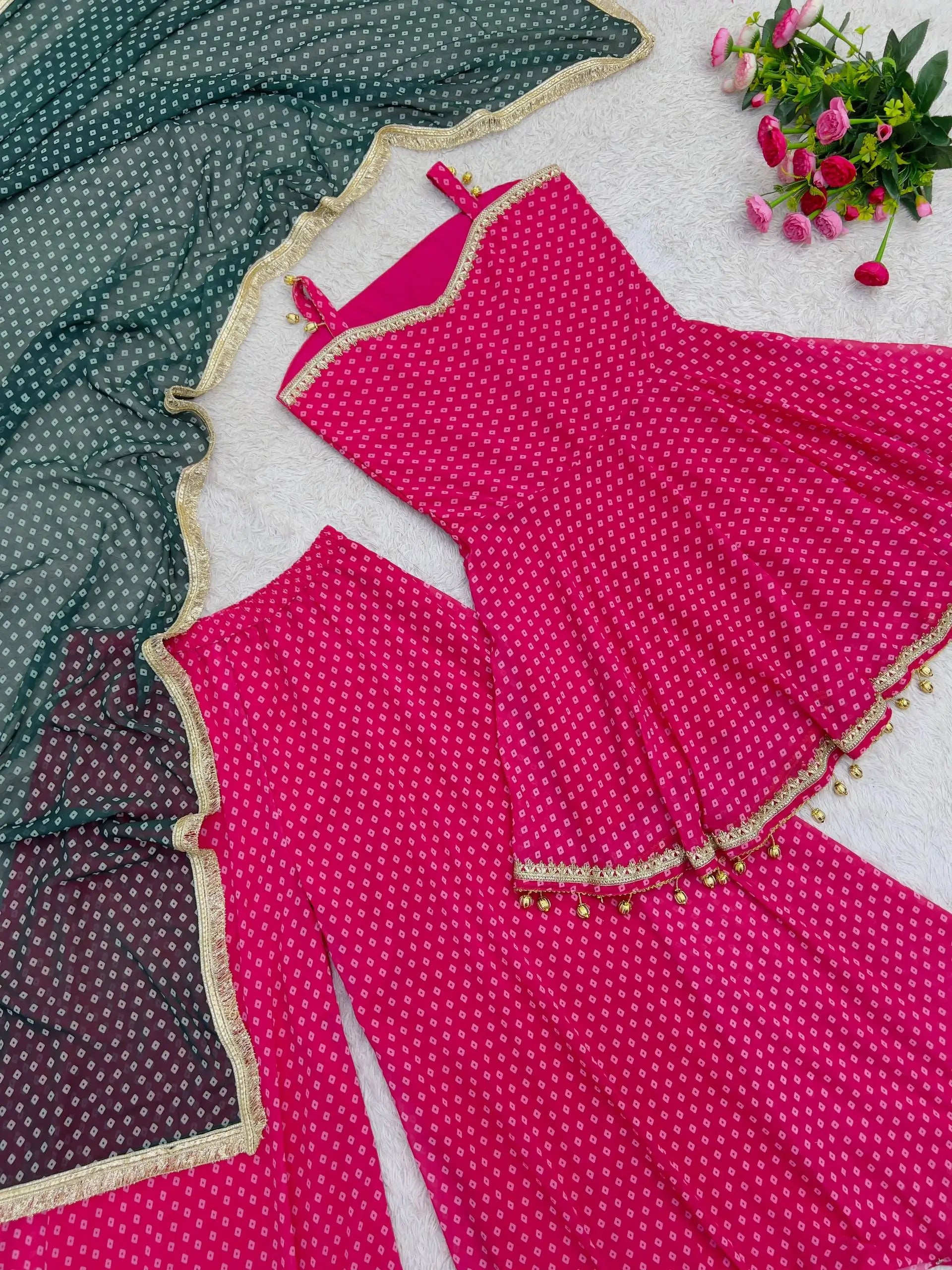 Pink Bandhej Peplum Set