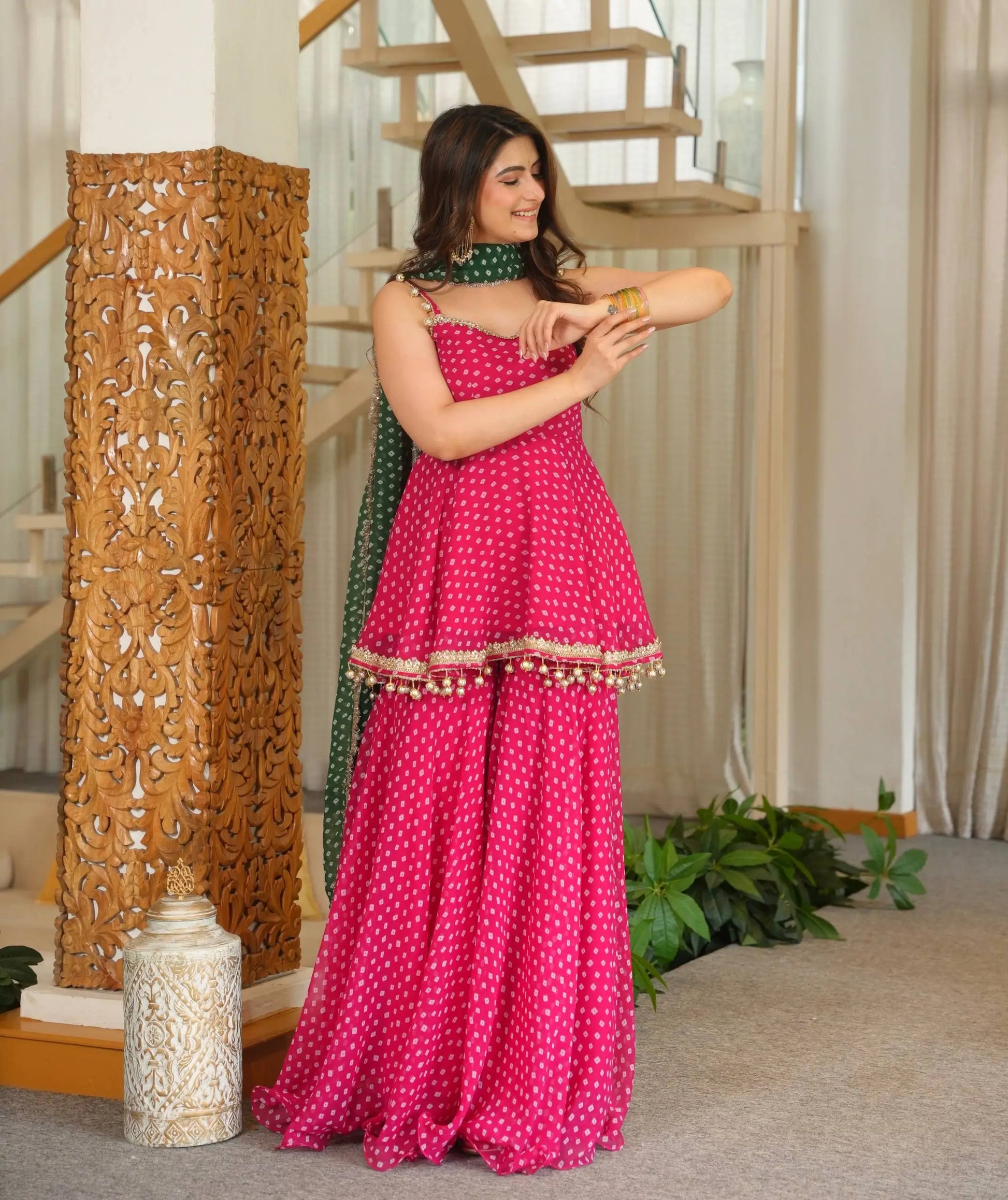 Pink Bandhej Peplum Set