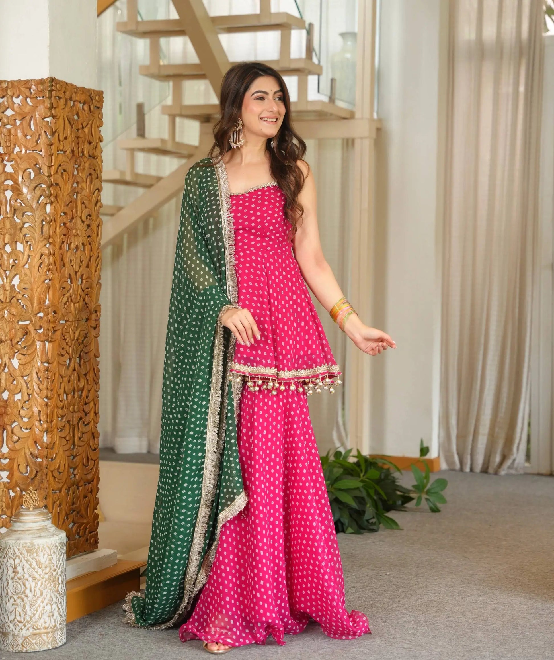 Pink Bandhej Peplum Set