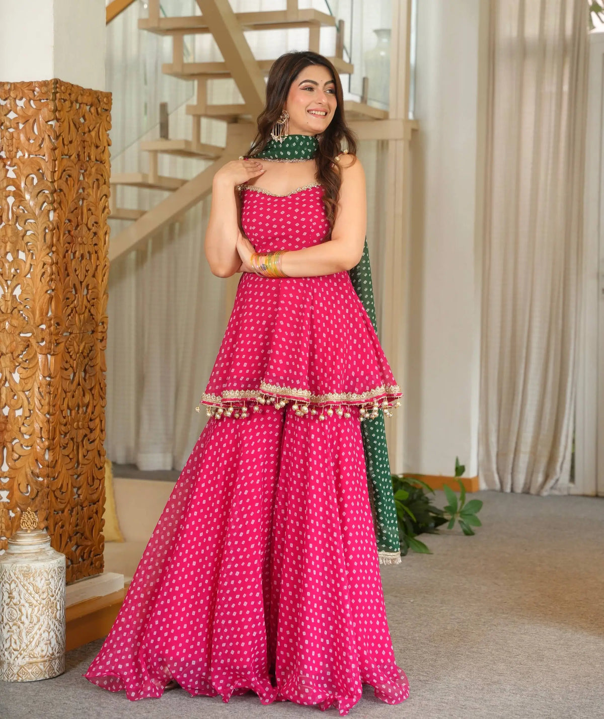 Pink Bandhej Peplum Set