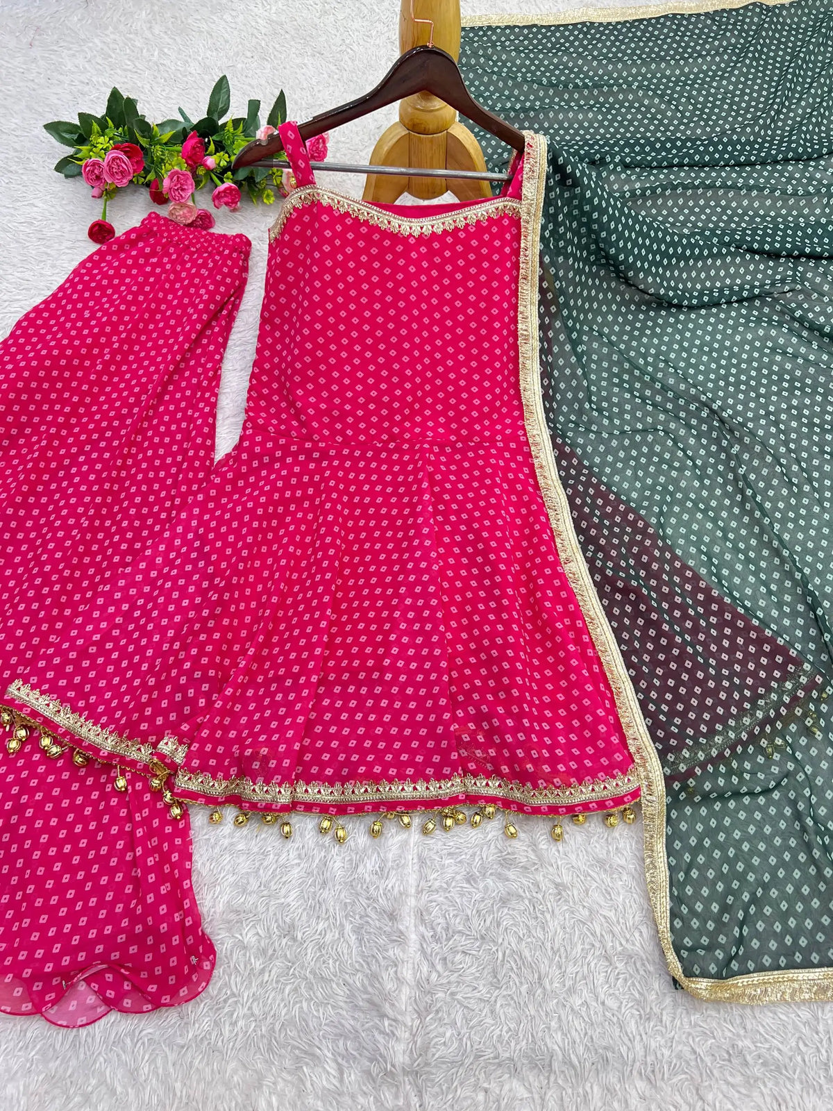 Pink Bandhej Peplum Set