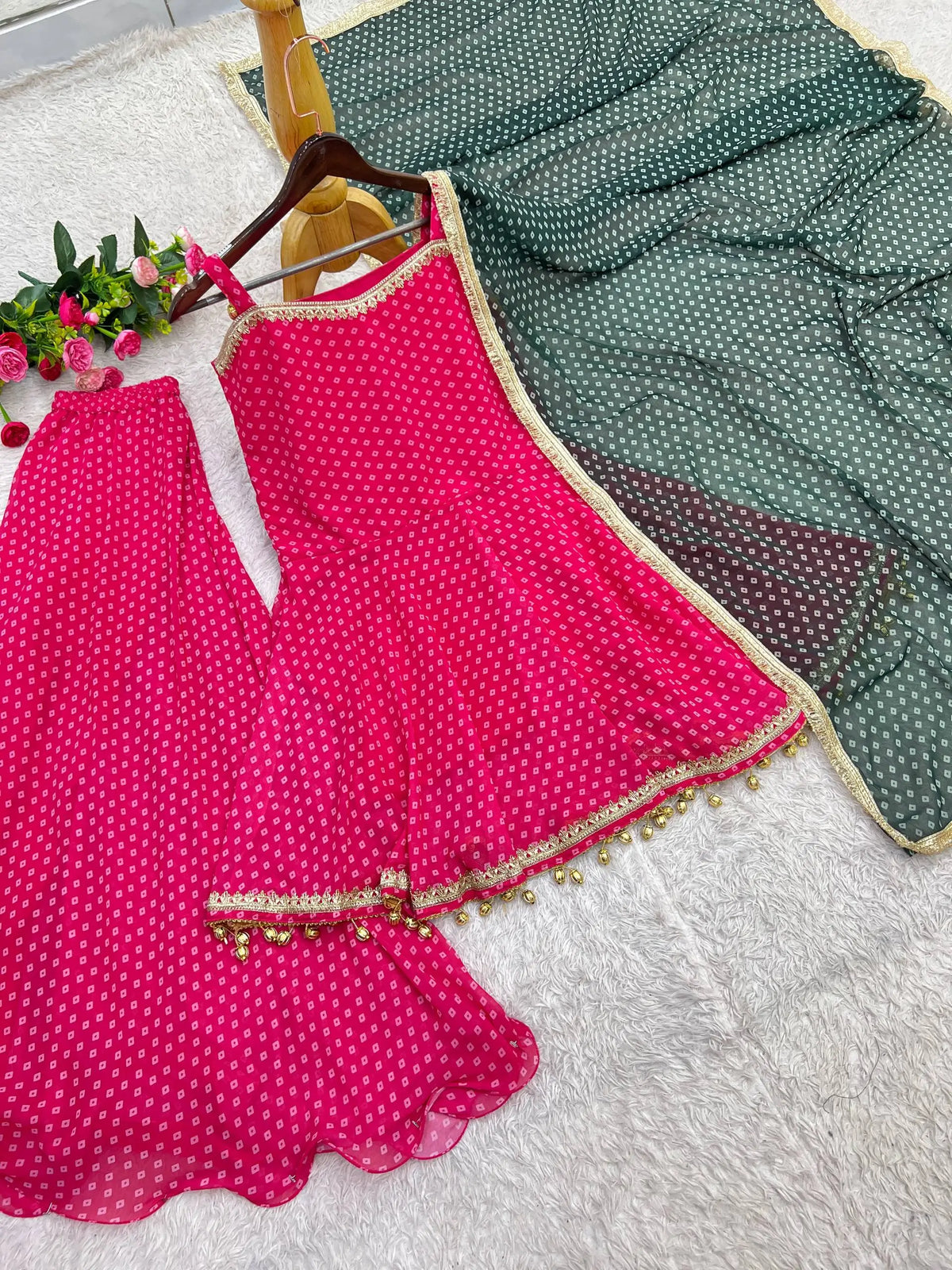 Pink Bandhej Peplum Set