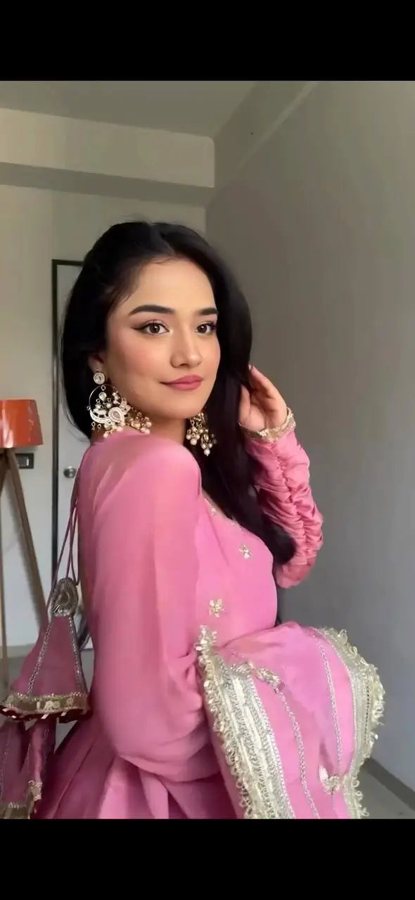 Pink Chinon Silk Embroidered Anarkali Gown Set with Dupatta