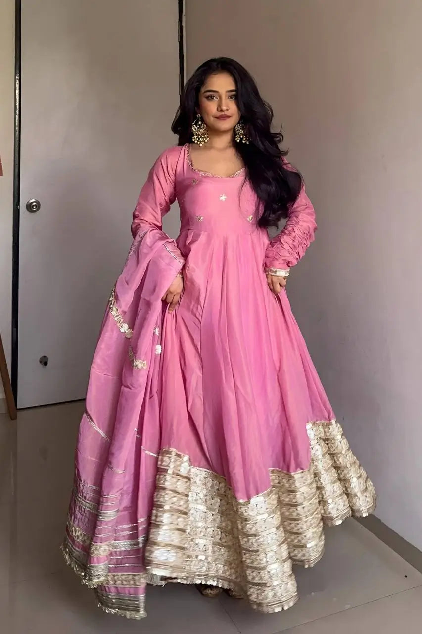 Pink Chinon Silk Embroidered Anarkali Gown Set with Dupatta