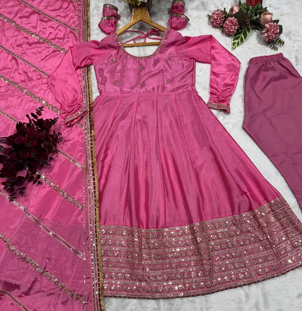Pink Chinon Silk Embroidered Anarkali Gown Set with Dupatta