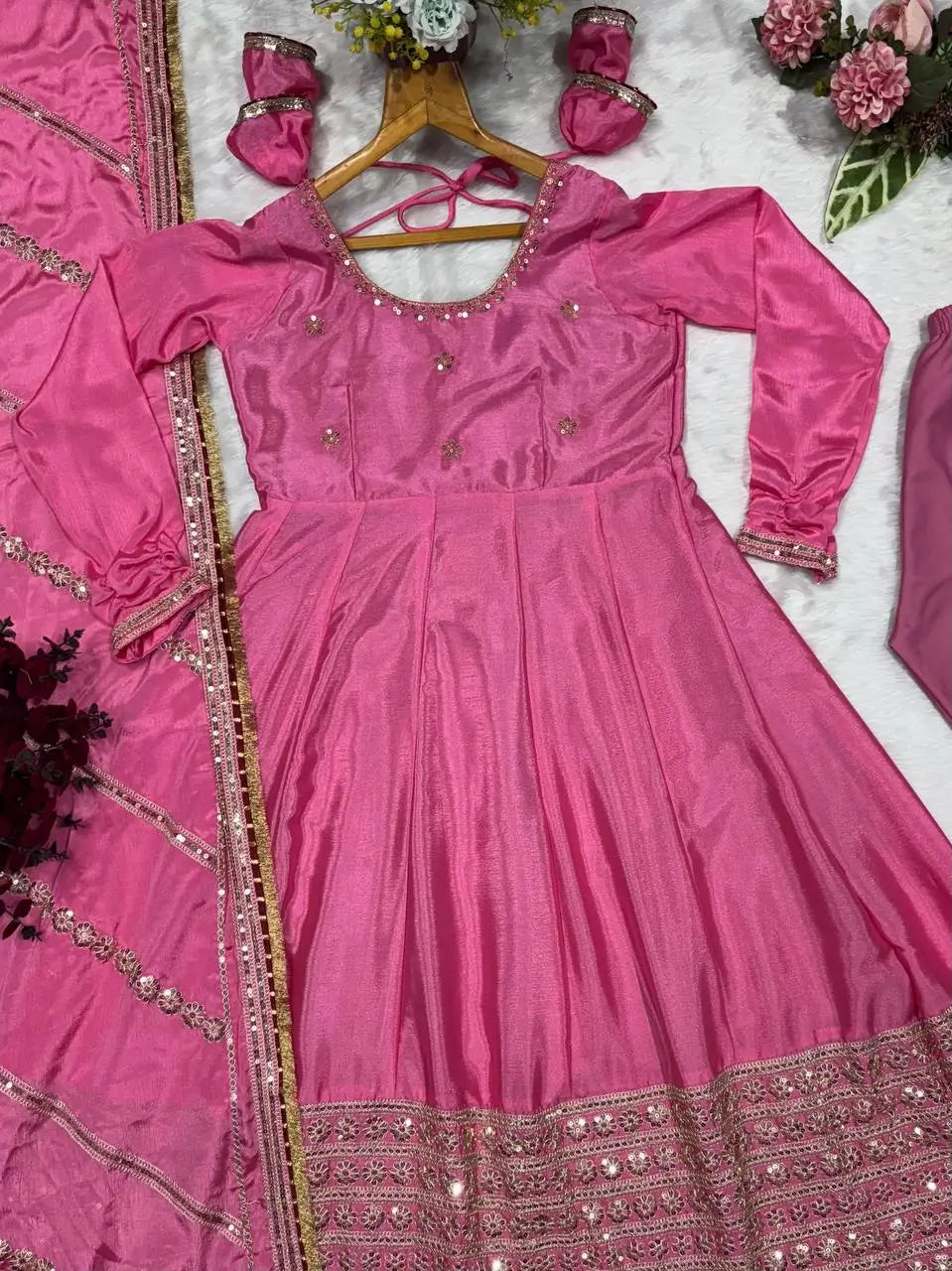 Pink Chinon Silk Embroidered Anarkali Gown Set with Dupatta