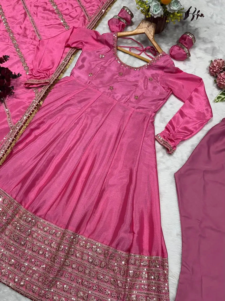 Pink Chinon Silk Embroidered Anarkali Gown Set with Dupatta