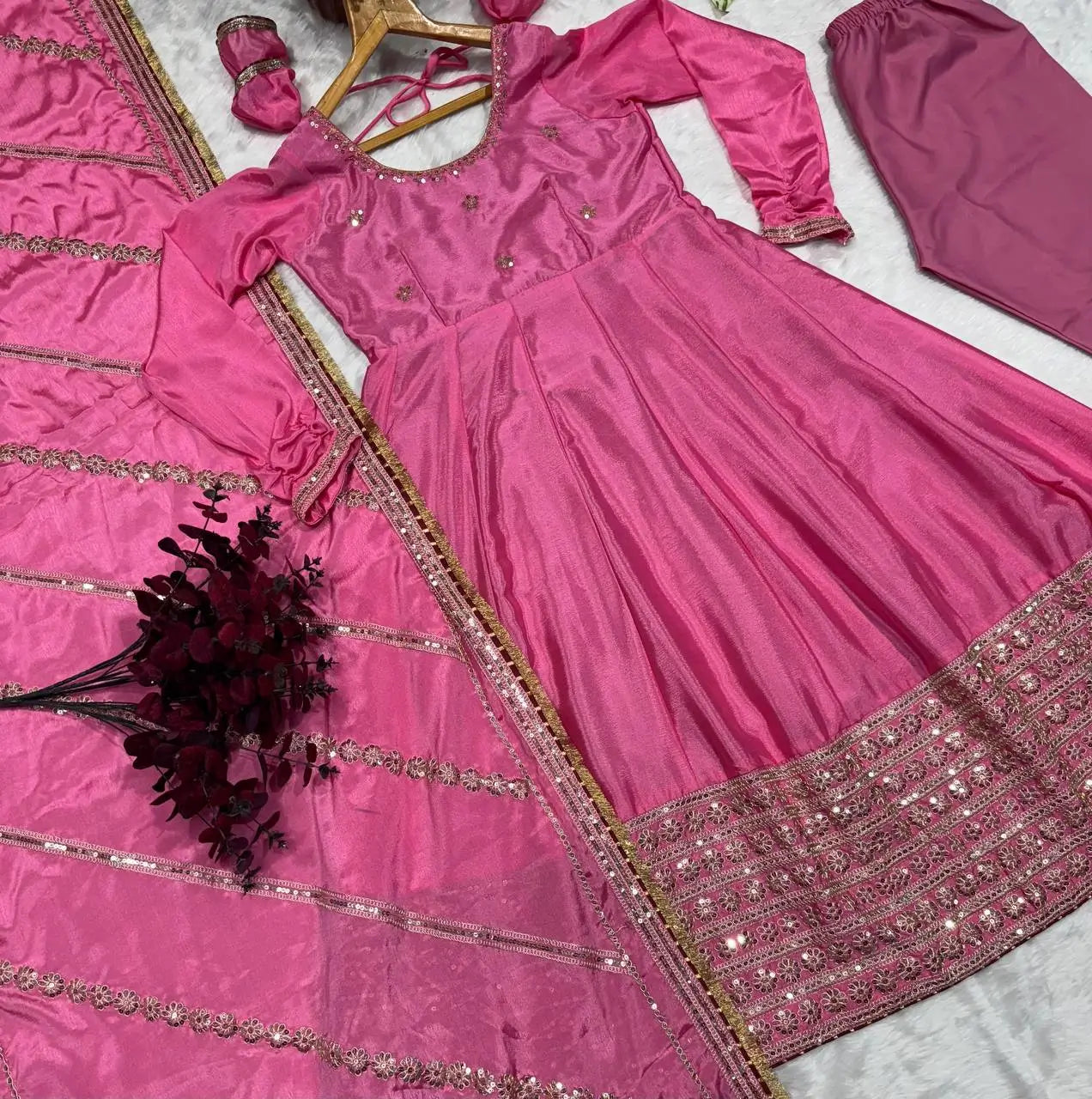 Pink Chinon Silk Embroidered Anarkali Gown Set with Dupatta