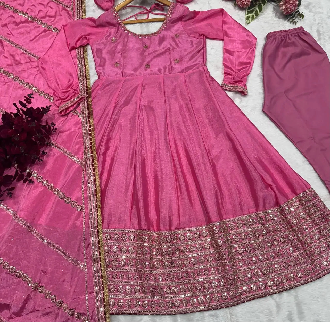 Pink Chinon Silk Embroidered Anarkali Gown Set with Dupatta