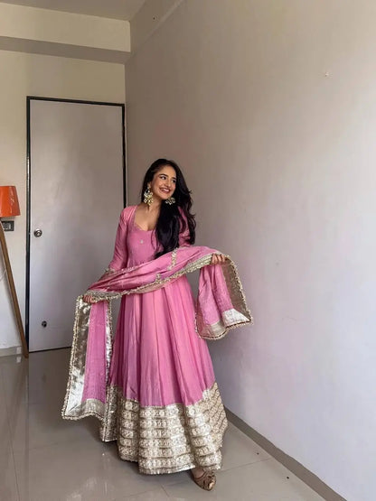 Pink Chinon Silk Embroidered Anarkali Gown Set with Dupatta