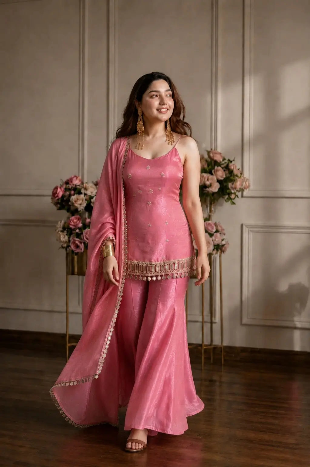 Pink Fandy Fabric Sharara Set With Dupatta