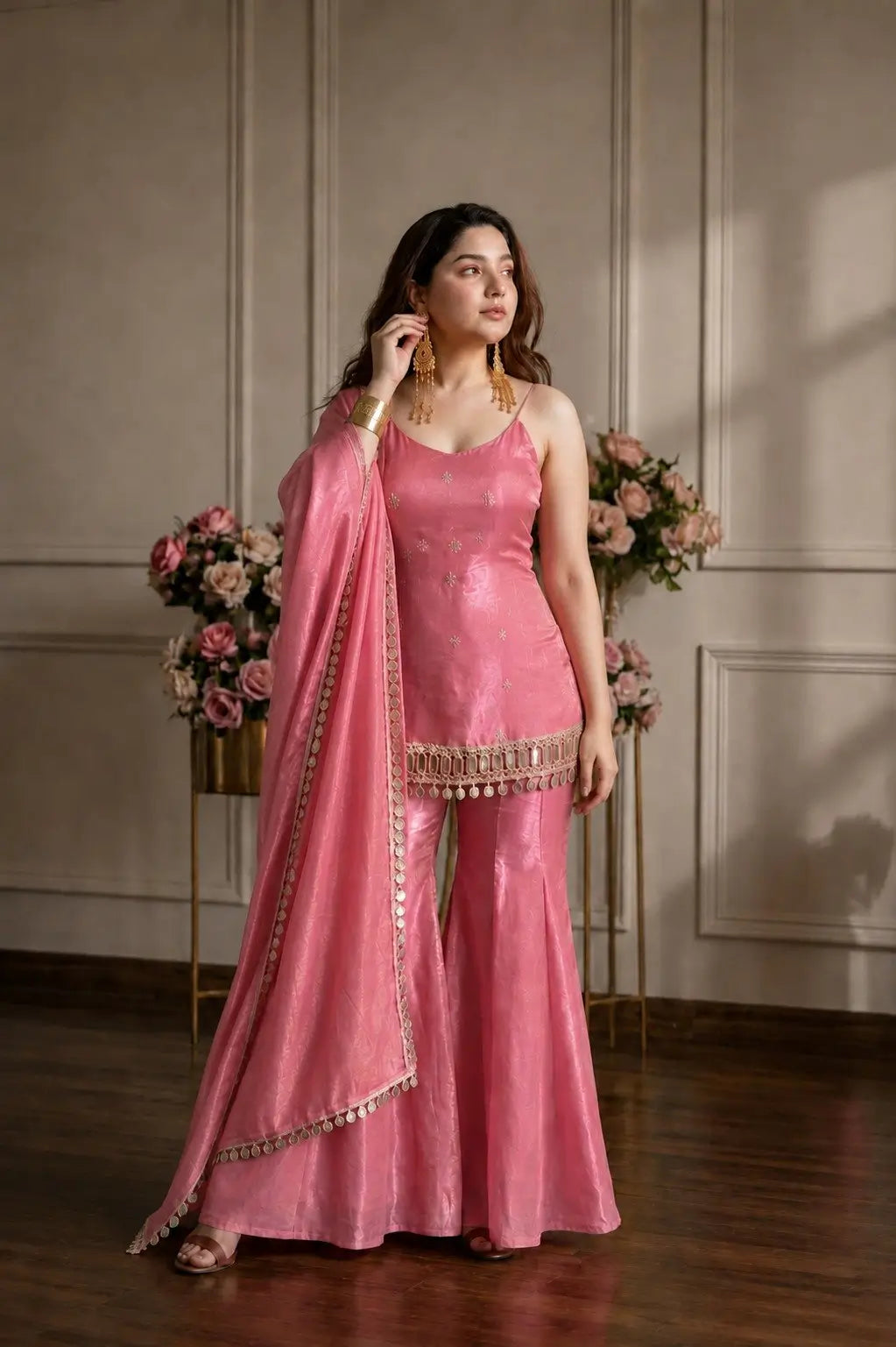 Pink Fandy Fabric Sharara Set With Dupatta