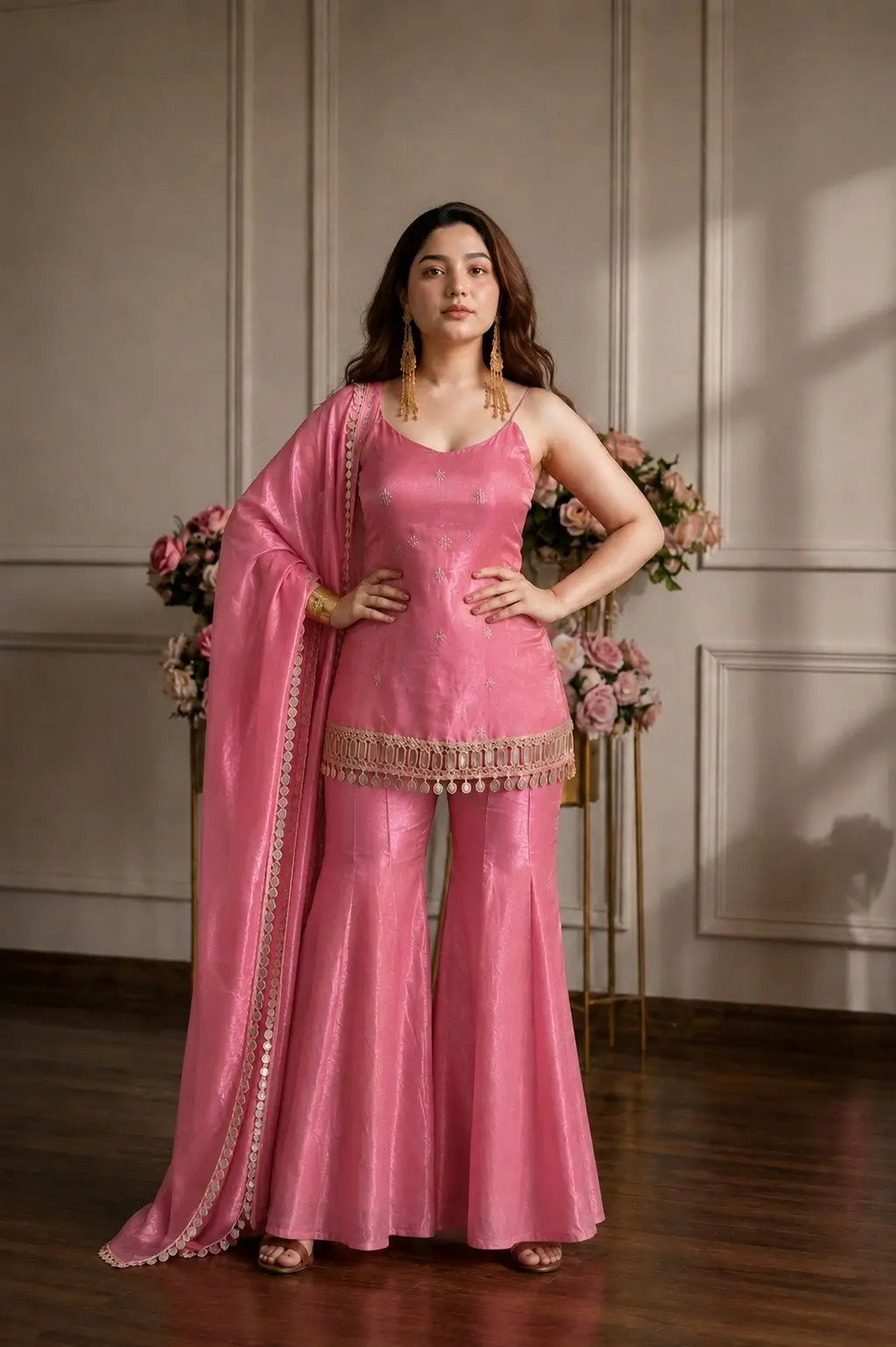 Pink Fandy Fabric Sharara Set With Dupatta