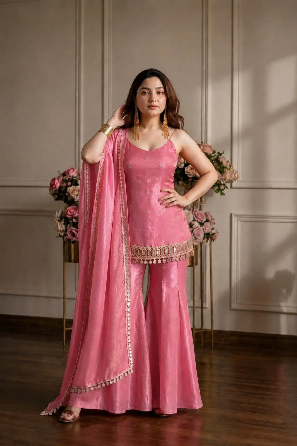 Pink Fandy Fabric Sharara Set With Dupatta