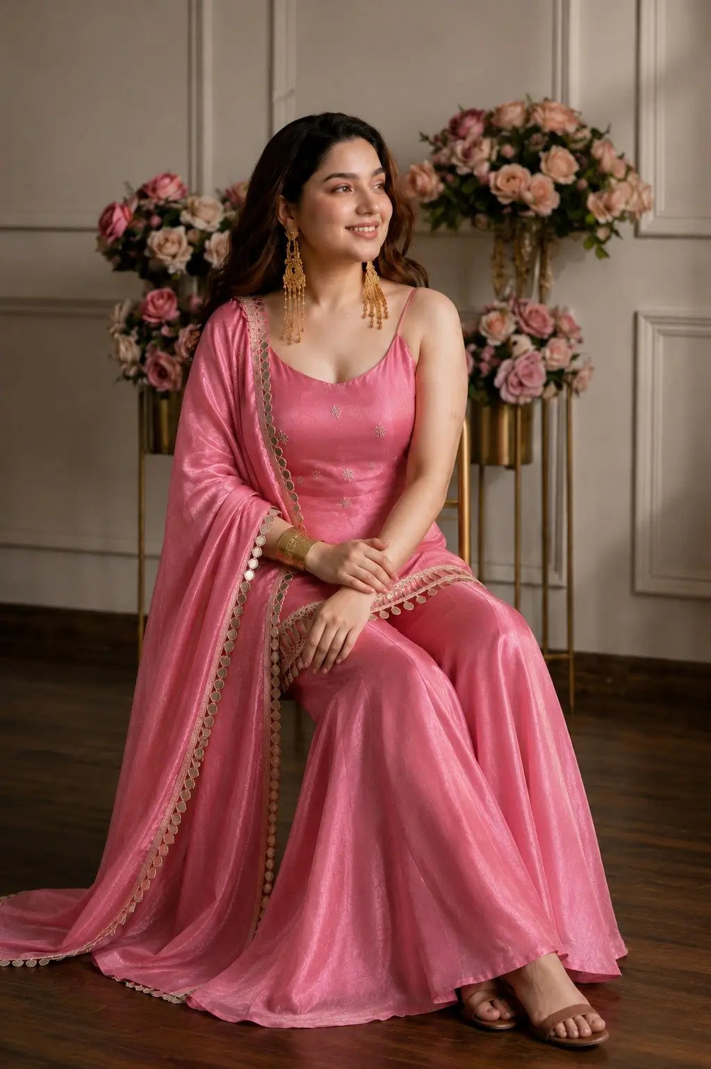 Pink Fandy Fabric Sharara Set With Dupatta