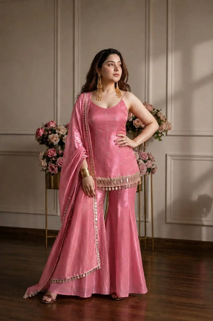 Pink Fandy Fabric Sharara Set With Dupatta