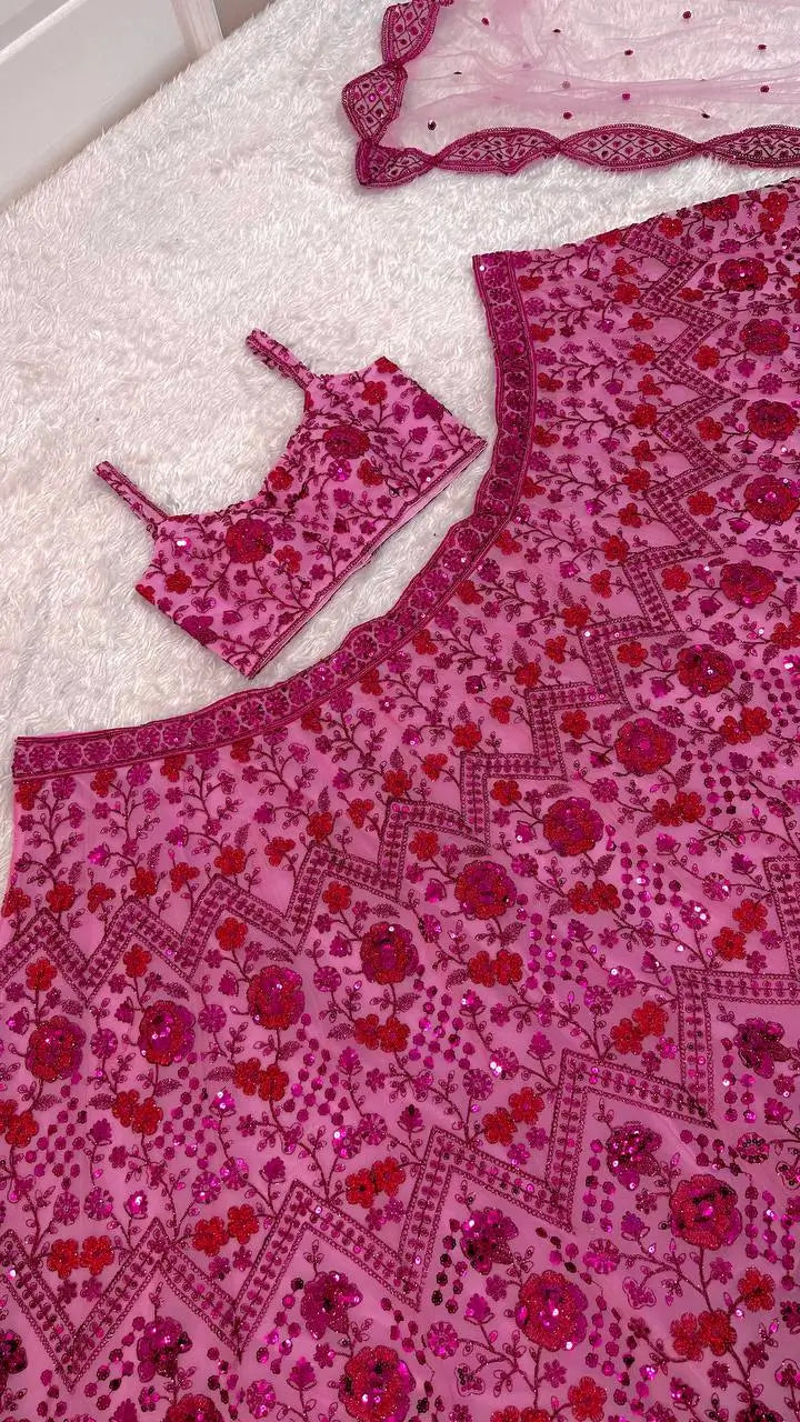 Pink Floral Sequin Lehenga Set