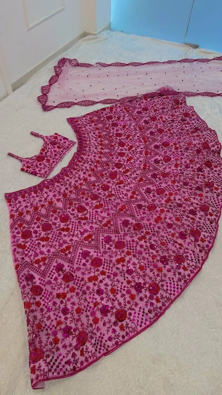 Pink Floral Sequin Lehenga Set