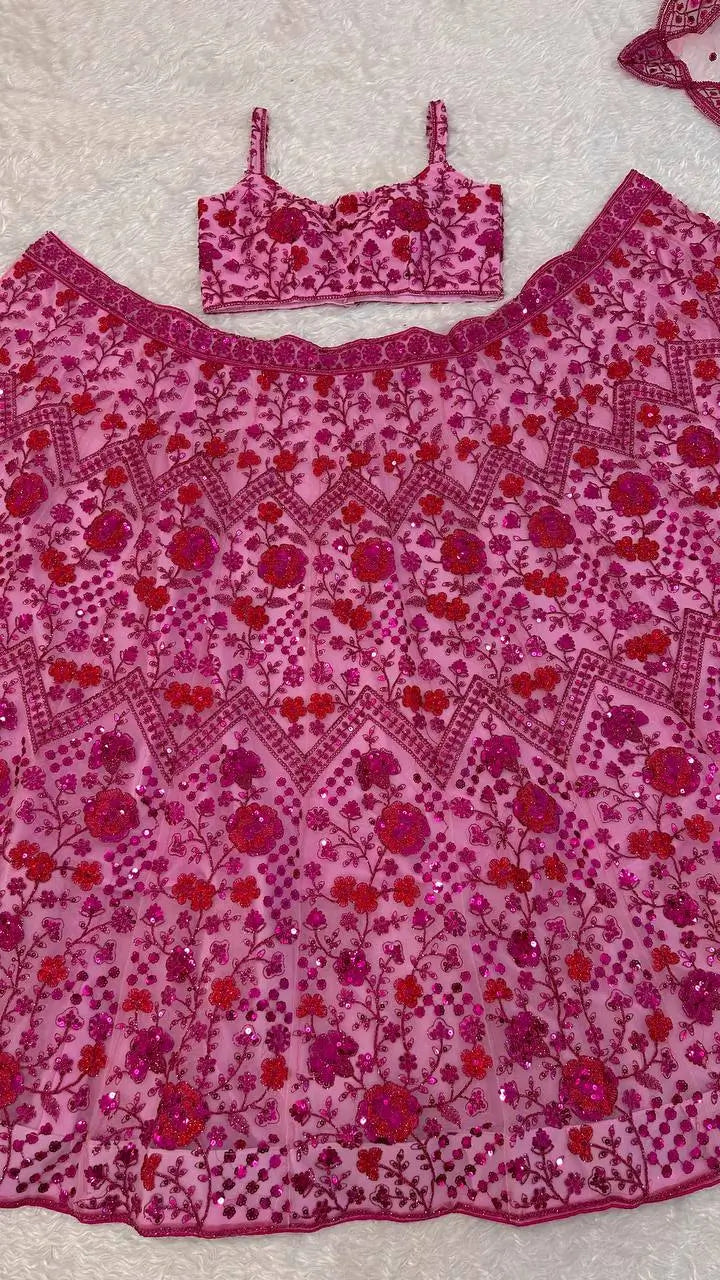 Pink Floral Sequin Lehenga Set