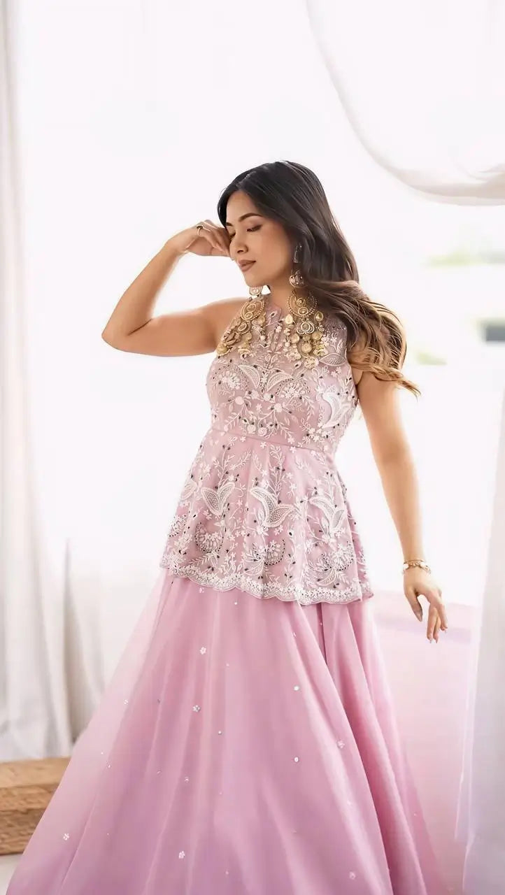 Pink Peplum Embroidered Lehenga