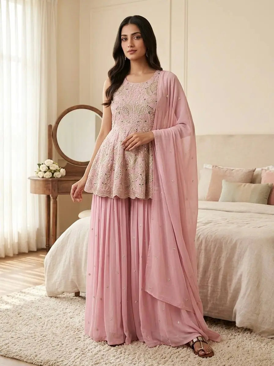 Pink Peplum Embroidered Lehenga