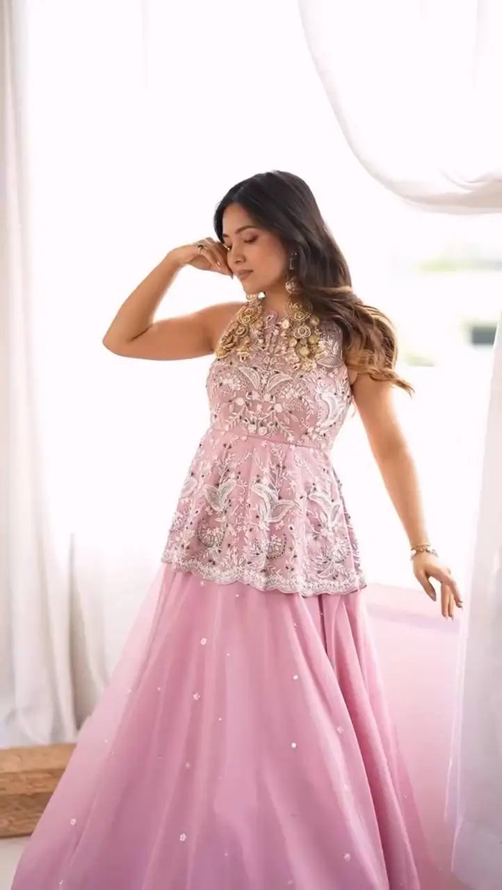Pink Peplum Embroidered Lehenga