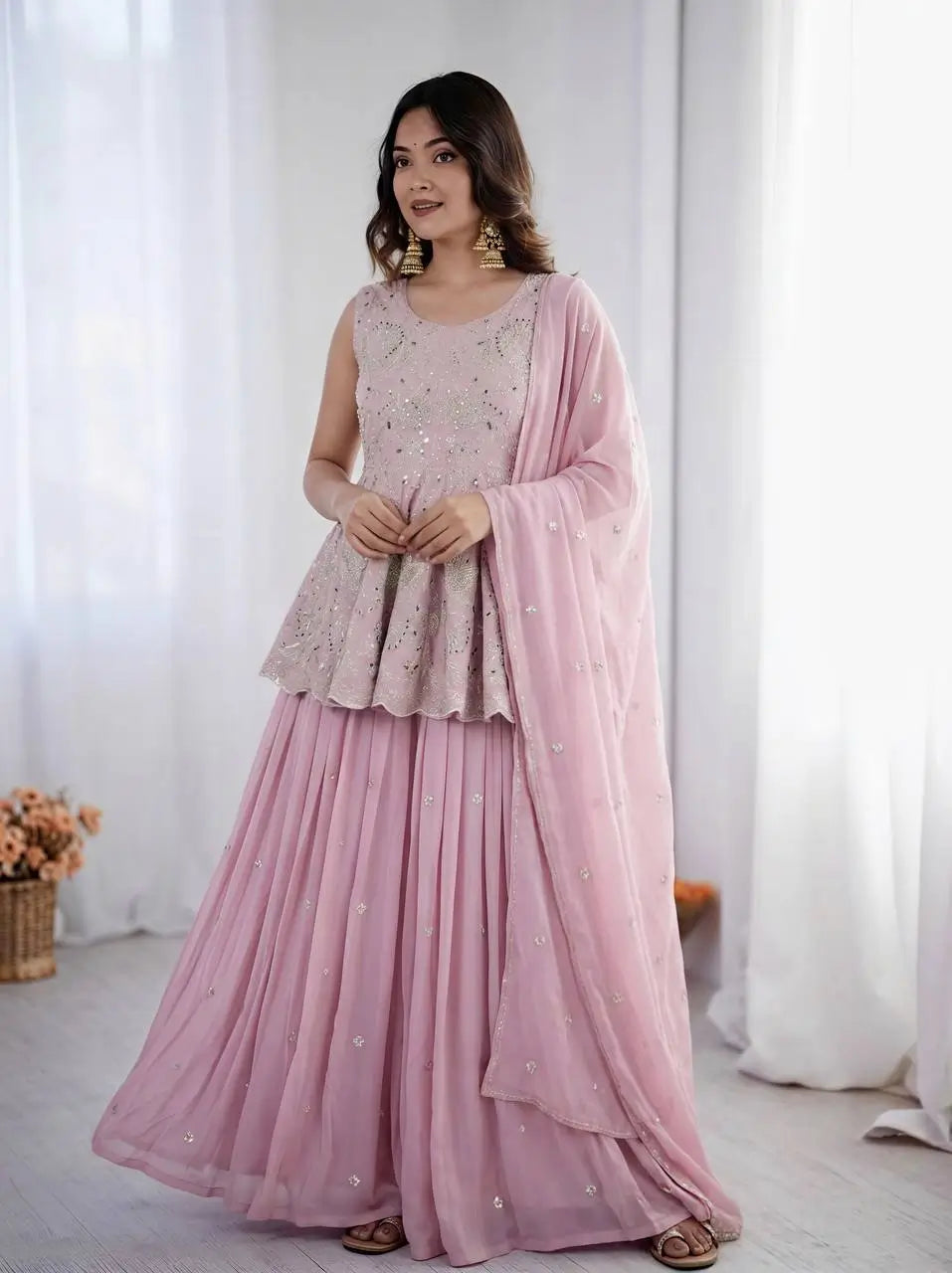 Pink Peplum Embroidered Lehenga