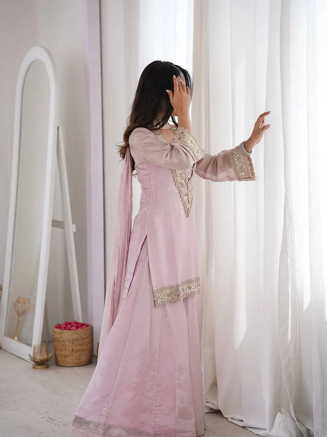 Pink Silk Mirror Work Sharara Set With Dupatta